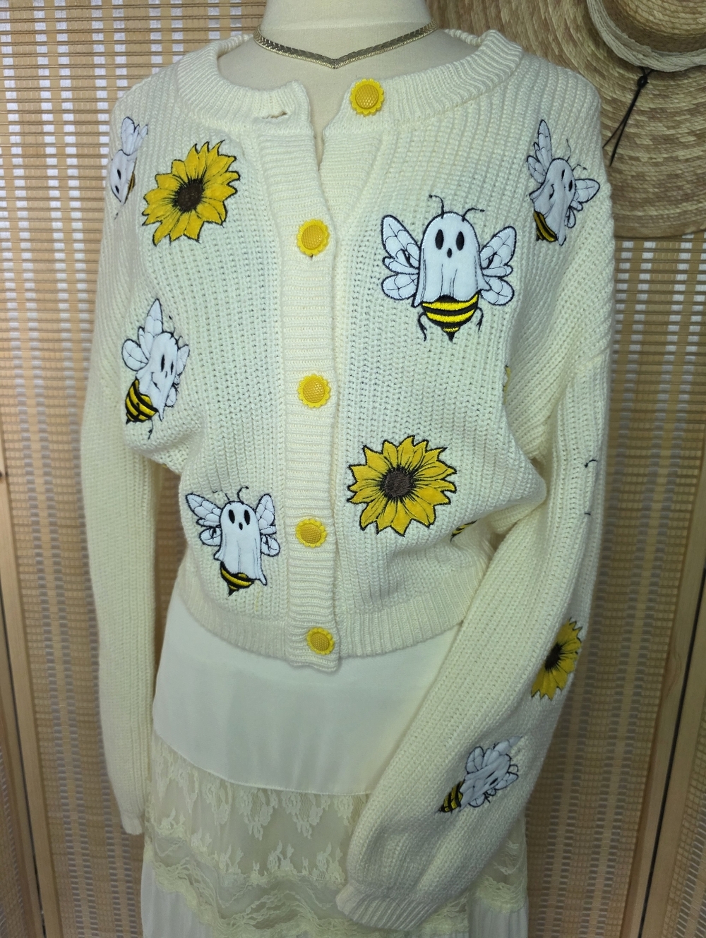 Ivory Chunky Knit Sunflower Button Up Cardigan Sweater with Ghost Bee "Boo-Bees" - Picture 8 of 8